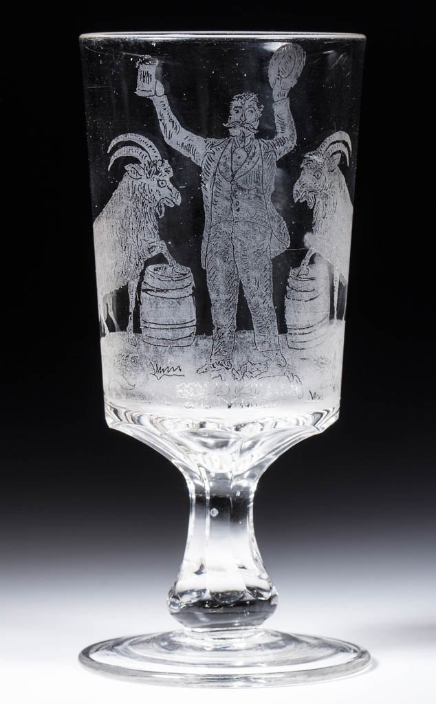 ETCHED CIRCUS GOATS AND RINGMASTER GOBLET: ETCHED CIRCUS GOATS AND RINGMASTER GOBLET, colorless, deep bowl depicting a circus gentleman with hat and mug of beer, flanked by two goats with one leg raised on a barrel. Fourth quarter 19th century