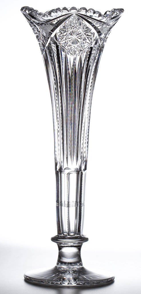T. B. CLARK AND CO. "NO. 41 / A. G." BRILLIANT CUT: T. B. CLARK AND CO. "NO. 41 / A. G." BRILLIANT CUT GLASS TRUMPET VASE, colorless, scalloped and sawtooth rim, large hobstar over concave flutes and notched prisms, circular foot with rayed pattern. Sc