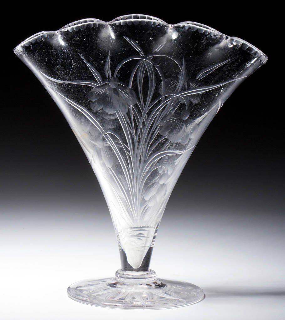 ROCK CRYSTAL CUT GLASS FAN VASE: ROCK CRYSTAL CUT GLASS FAN VASE, colorless, floral pattern on the body and foot, signed "Patent M 24048/ S&W/Ltd." Possibly Stevens and Williams. Circa 1900. 7" HOA, 6 1/2" DOA.