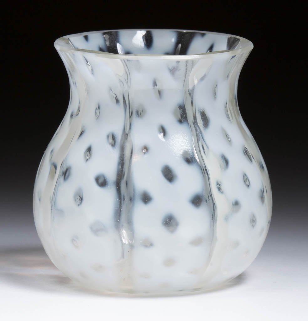 CRISS-CROSS TOOTHPICK HOLDER: CRISS-CROSS TOOTHPICK HOLDER, colorless opalescent, factory polished rim. Consolidated Lamp & Glass Co. Circa 1894. 2 1/4" H. Literature: Bredehoft/Sanford - Glass Toothpick Holders, p. 46, middle. Pr