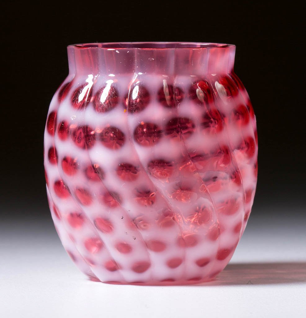 HOBBS NO. 326 / WINDOWS SWIRL TOOTHPICK HOLDER: HOBBS NO. 326 / WINDOWS SWIRL TOOTHPICK HOLDER, Ruby/cranberry opalescent, oval form, factory polished rim. Hobbs, Brockunier & Co. Circa 1888. 2 5/8" H. Literature: Heacock/Elmore - Opalescent Glass