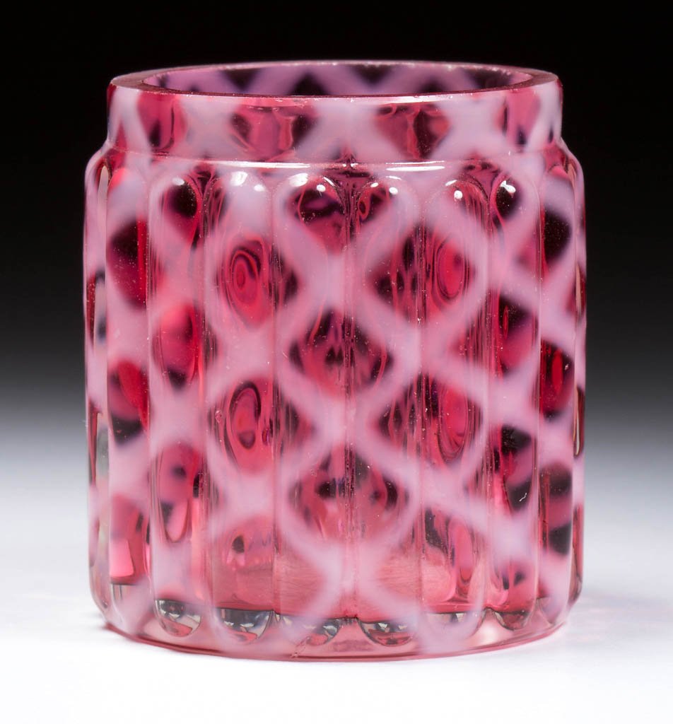RIBBED OPAL LATTICE TOOTHPICK HOLDER: RIBBED OPAL LATTICE TOOTHPICK HOLDER, cranberry opalescent, factory polished rim. Maker unverified/possibly Northwood Glass Co. Circa 1888. 2 1/8" H. Literature: Parallels Heacock/Elmore - Opalescent