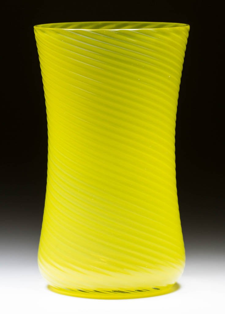 HOBBS-TYPE SWIRL CELERY VASE: HOBBS-TYPE SWIRL CELERY VASE, lemon yellow cased, slightly waisted cylinder form with swirled optic ribs, circular rim with factory polishing, plain base. Possibly Hobbs, Brockunier & Co. Fourth quart
