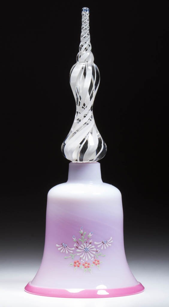 PAIRPOINT ART GLASS PEACH BLOW BELL: PAIRPOINT ART GLASS PEACH BLOW BELL, limited edition of 200, applied swirled handle, has blown teardrop bell, signed "P" and "CB" for Cynthia Bryden. Pairpoint Glass Company. 1973. 11 1/2" H. Literatu