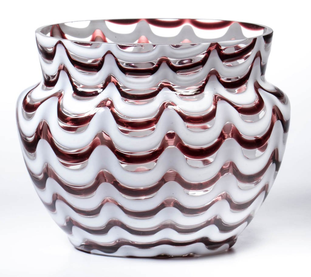 BOHEMIAN / CZECHOSLOVAKIA PILLOW VASE: BOHEMIAN / CZECHOSLOVAKIA PILLOW VASE, colorless with opal and amethyst waves, oval form with factory polished rim. Circa 1930. 5 1/2" H, 4 1/4" x 6" rim. Provenance: From a North Carolina private col