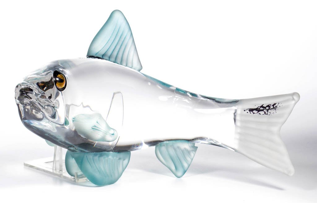 KOSTA BODA FISH SCULPTURE: KOSTA BODA FISH SCULPTURE, colorless, light blue, and frosted, with applied fins, signed Kjell Engman Unique, etc. 20th century. 4 3/8" H, 7 1/2" L. Provenance: Pennsylvania private collection.