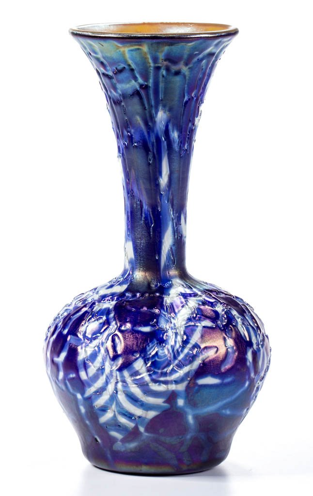 DURAND CRACKLE WITH LAVA DECORATION VASE: DURAND CRACKLE WITH LAVA DECORATION VASE, blue and white with crystal and blue lava decoration, shape # 1716, base with a polished pontil mark, unsigned. Vineland Flint Glass Works. Circa 1924-1931. 9
