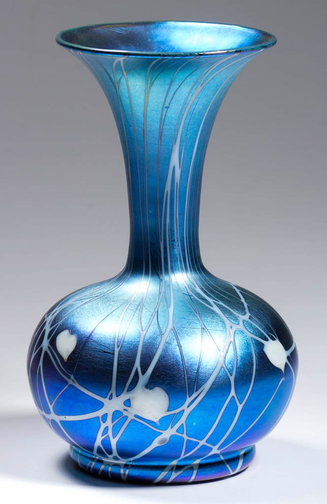 DURAND HEART AND VINE VASE: DURAND HEART AND VINE VASE, Silver Blue Lustre with opal heart and vine decoration, polished pontil mark, shape 1730, signed "Durand." Vineland Flint Glass Works. Circa 1924-1931. 6 5/8" HOA. Provenan