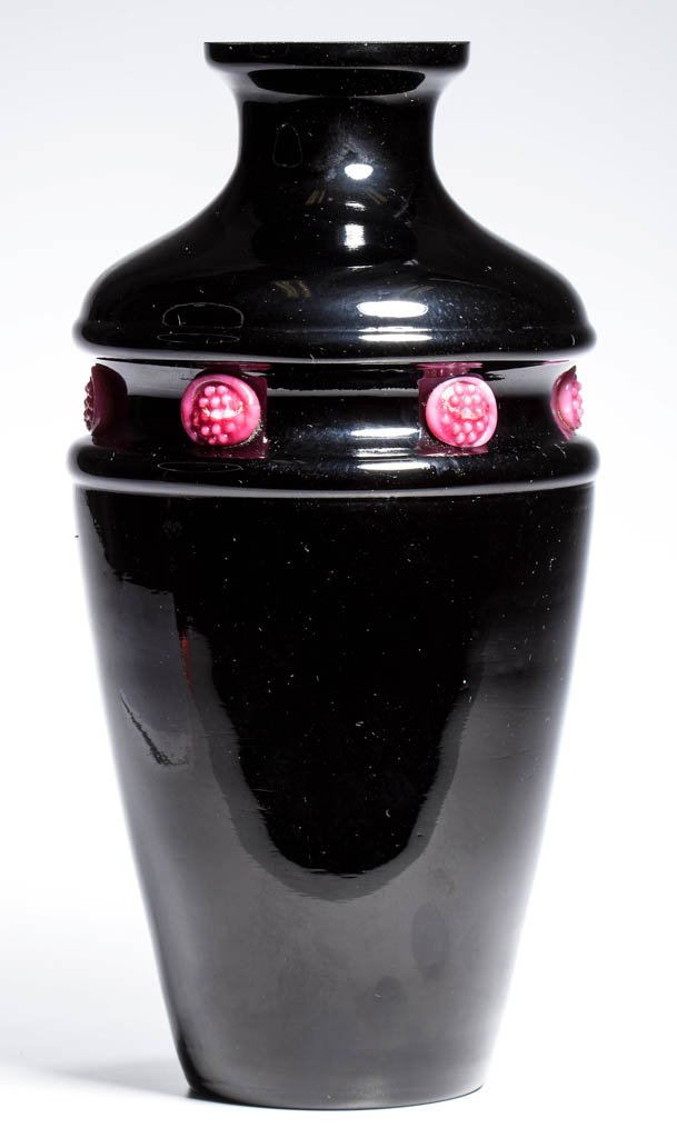 STEUBEN ART GLASS VASE-FORM LAMP BASE: STEUBEN ART GLASS VASE-FORM LAMP BASE, Mirror Black, shape 3589, with Cinnamon applied prunts, factory polished rim and under base, factory hole in base, not signed. Steuben Glass Works. Circa 1920-19
