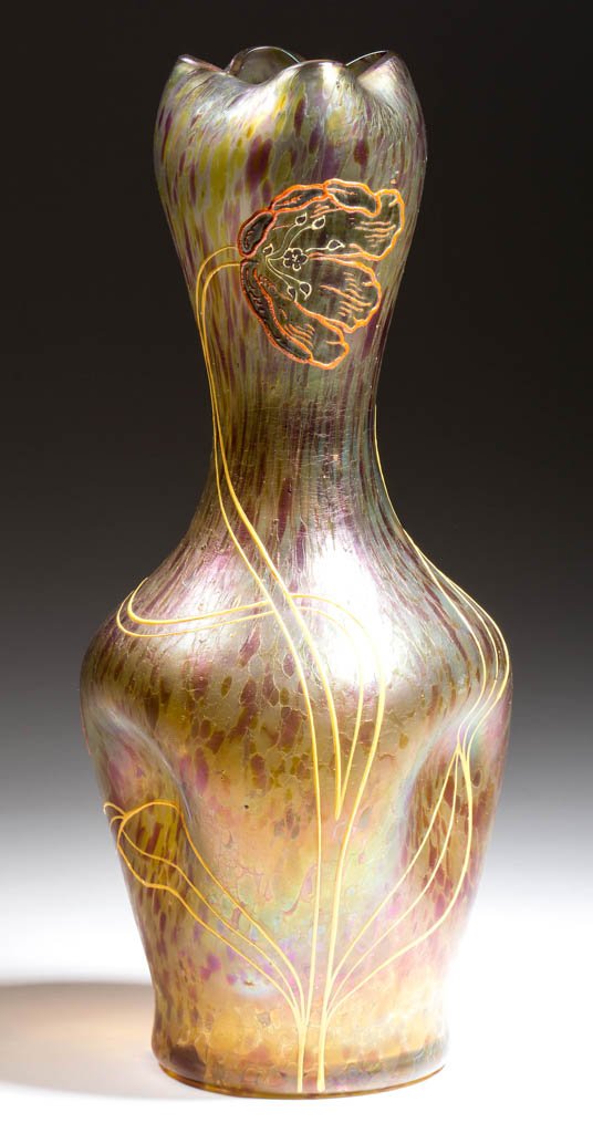 LOETZ-TYPE ART GLASS VASE: LOETZ-TYPE ART GLASS VASE, purple and yellow with iridescence, having a painted floral design and polished pontil mark. Possibly Rindskopf. Early 20th century. 9 1/2" HOA. Provenance: Property of a Vi