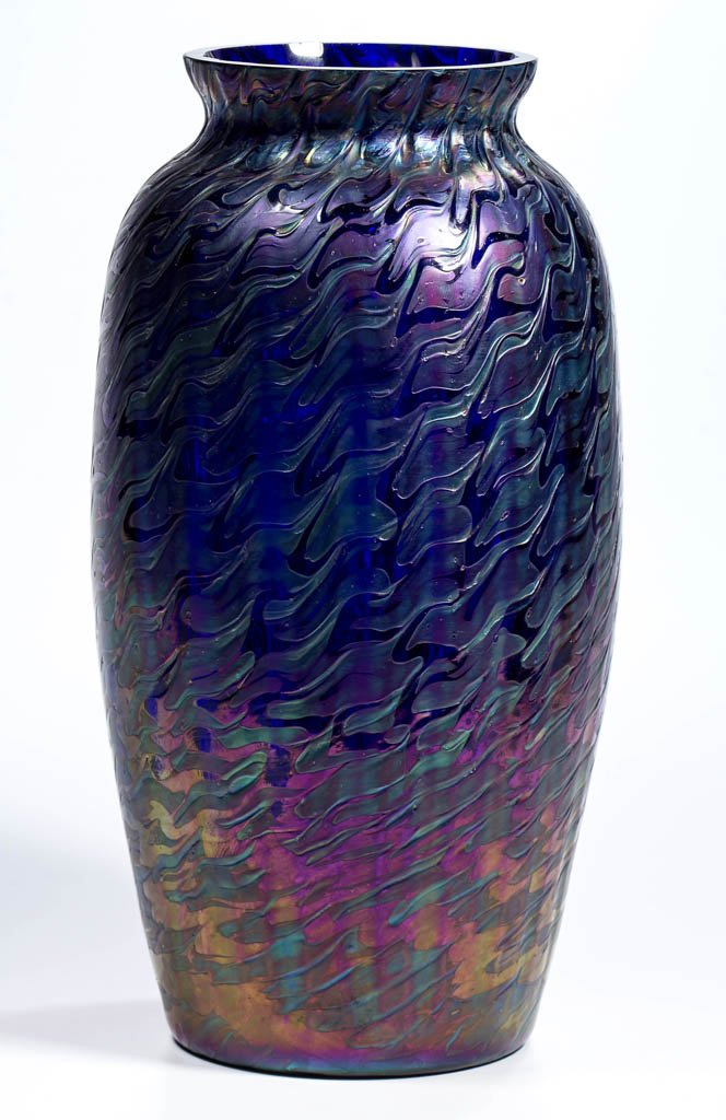 LOETZ-TYPE ART GLASS FISHSCALES VASE: LOETZ-TYPE ART GLASS FISHSCALES VASE, cobalt blue with iridescent decoration, with a factory polished rim. Possibly Kralik. Early 20th century. 10 1/2" H. Provenance: Property of a Virginia private co