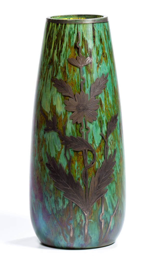 LOETZ-TYPE SILVER OVERLAY ART GLASS MOSS AGATE VASE: LOETZ-TYPE SILVER OVERLAY ART GLASS MOSS AGATE VASE, green and brown spatter, with floral silver overlay pattern design. Possibly Kralik. Early 20th century. 9 1/2" H. Provenance: Property of a Virgin