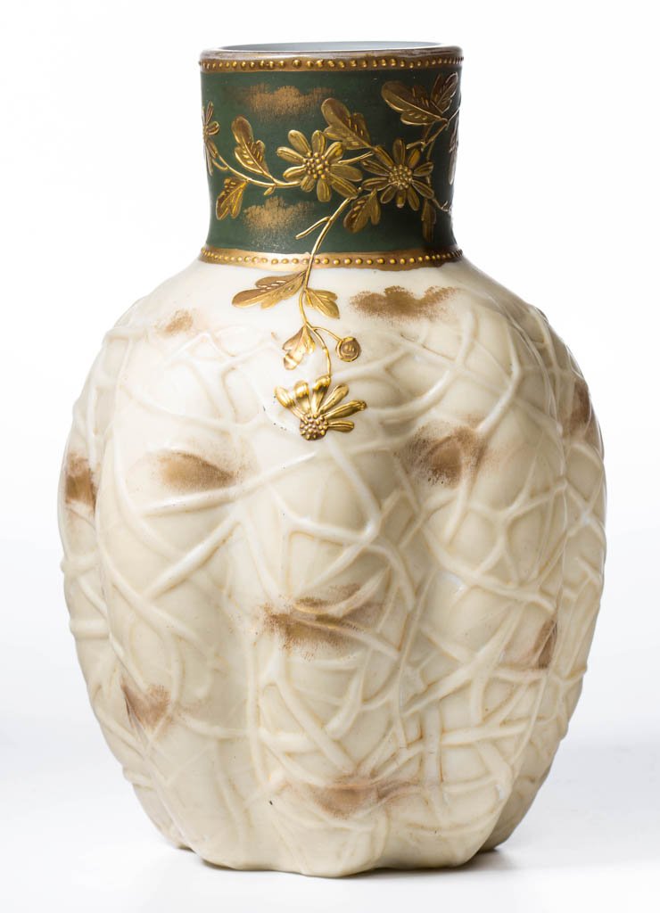 DECORATED ART GLASS VASE: DECORATED ART GLASS VASE, opal with fired color and gilt floral decoration, melon form with molded branch-like surface, inscribed "W260 / 4" within the polished pontil mark. Late 19th/early 20th centu