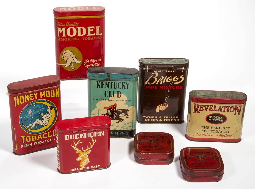 ASSORTED TOBACCO ADVERTISING POCKET TINS, LOT OF SIX: ASSORTED TOBACCO ADVERTISING POCKET TINS, LOT OF SIX, including Honey Moon and Kentucky Club. Together with two Kee Lox typewriter ribbon tins with original ribbons. Eight pieces total. First half 20t
