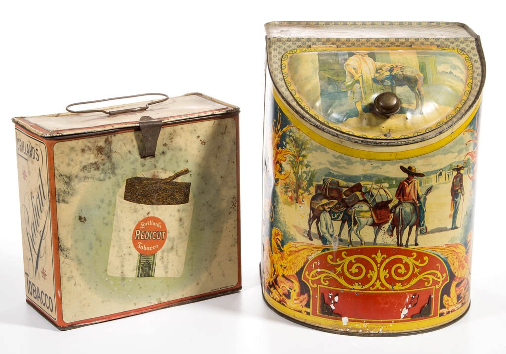 COUNTRY STORE TIN CONTAINERS, LOT OF TWO: COUNTRY STORE TIN CONTAINERS, LOT OF TWO, comprising a Lorillard's Redicut Tobacco box with hinged lid, and a coffee/spice bin with slanted hinged lid. First quarter 20th century. 7 1/2" and 10 1/4" H