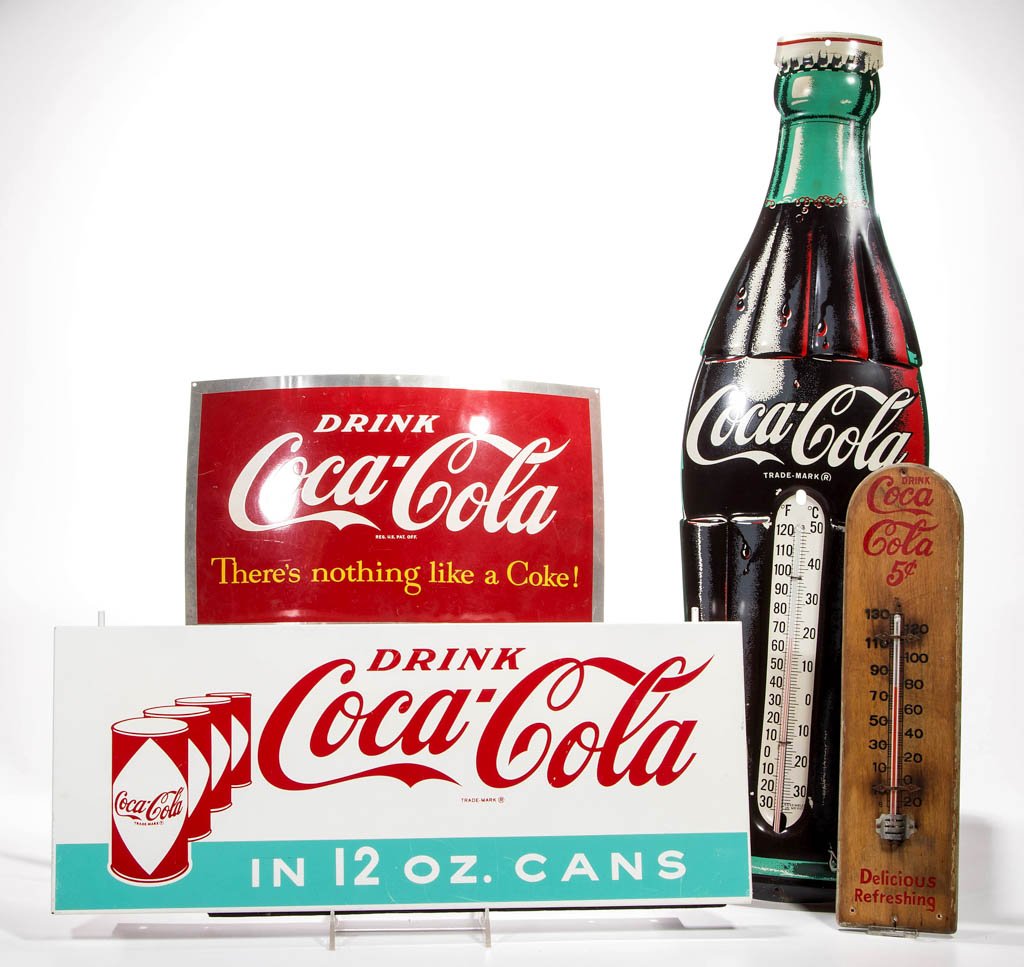 ASSORTED COCA-COLA ADVERTISING ARTICLES, LOT OF FOUR: ASSORTED COCA-COLA ADVERTISING ARTICLES, LOT OF FOUR, comprising a heavy tin flange sign, an embossed tin thermometer, an aluminum sign, and a fantasy wooden thermometer. 20th century. Thermometer 29 