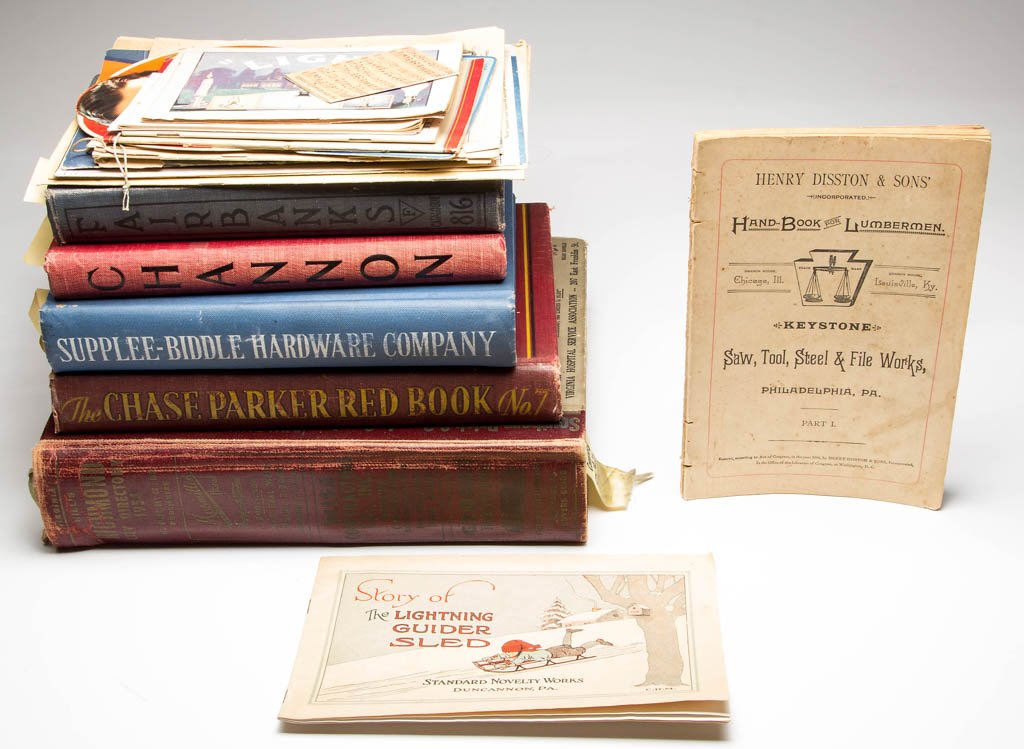 ASSORTED ADVERTISING EPHEMERA AND TRADE CATALOGUES, LOT: ASSORTED ADVERTISING EPHEMERA AND TRADE CATALOGUES, LOT OF 20, including a Henry Disston & Sons' "Hand-Book for Lumbermen", Part I and II, 1888; "Story of the Lightning Guider Sled", Duncannon, PA; Fa