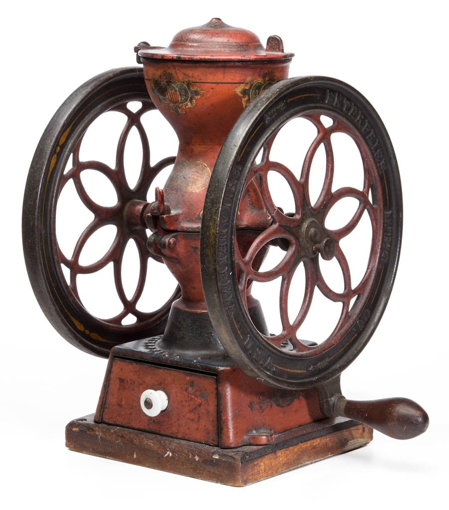 ENTERPRISE NO. 2 TWO-WHEEL CAST-IRON COFFEE MILL: ENTERPRISE NO. 2 TWO-WHEEL CAST-IRON COFFEE MILL, counter-top model with swivel top, iron drawer, and lettering on wheels and body, Handle mount protrudes from outer edge of one wheel, Mounted on orig