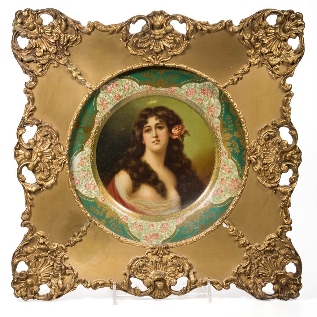ANHEUSER-BUSCH TIN ADVERTISING VIENNA ART PLATE: ANHEUSER-BUSCH TIN ADVERTISING VIENNA ART PLATE, with vivid lithographed design, artist signed, and marked "Anheuser-Busch's / Malt Nutrene / St. Louis / Patented Feb. 21st 1905" verso. Housed in like