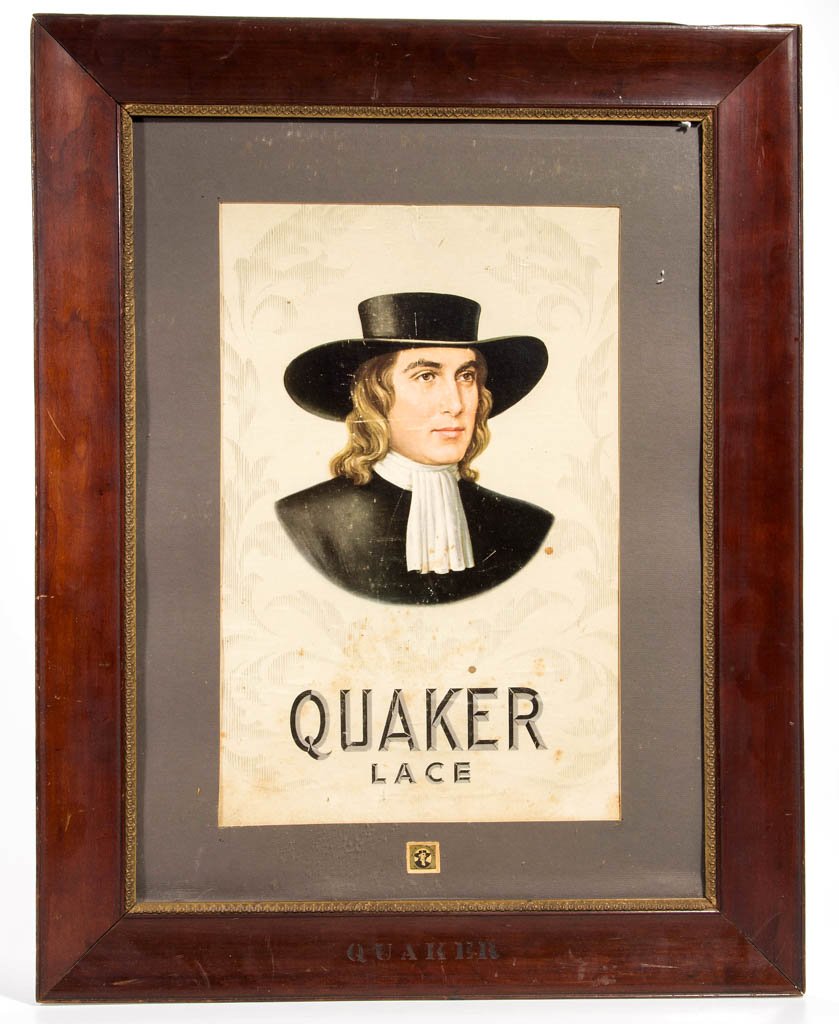 QUAKER LACE PAPER ADVERTISING SIGN: QUAKER LACE PAPER ADVERTISING SIGN, with lithographed imagery, matted under glass, and housed in likely original frame with stamped and gilded lettering at bottom edge. First quarter 20th century. 22