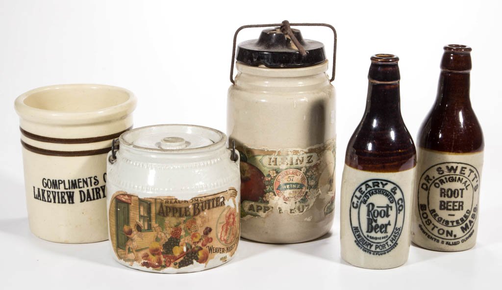 ASSORTED ADVERTISING STONEWARE ARTICLES, LOT OF FIVE: ASSORTED ADVERTISING STONEWARE ARTICLES, LOT OF FIVE, comprising a Lakeview Dairy crock, two apple butter jars with partial labels, and two root beer bottles. Late 19th/first half 20th century. 4 1/2"
