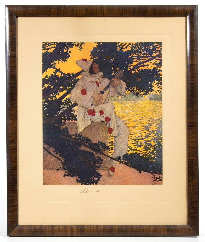 MAXFIELD PARRISH "PIERROT" PRINT: MAXFIELD PARRISH "PIERROT" PRINT, full margins. Period frame. First quarter 20th century. 16 1/2" x 13 1/2" overall. Provenance: From the Dorothy R. Daniel estate, Arlington, VA.