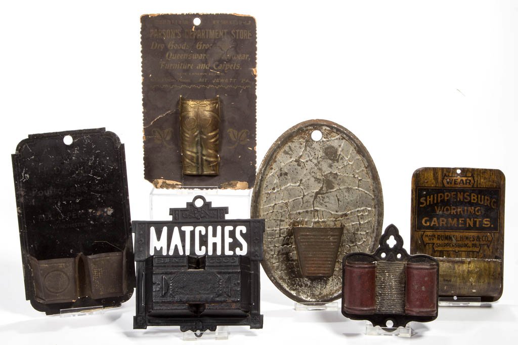 ASSORTED FIGURAL AND ADVERTISING TIN MATCH HOLDERS /: ASSORTED FIGURAL AND ADVERTISING TIN MATCH HOLDERS / SAFES, LOT OF SIX, wall mounts, comprising three advertising examples, including H. D. Albin, Winchester, VA, Shippensburg, PA Working Garments, an