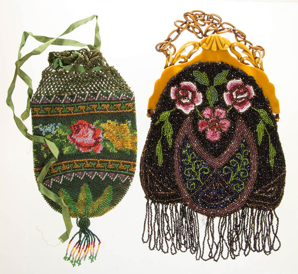 VINTAGE LADY'S BEADED PURSES, LOT OF TWO: VINTAGE LADY'S BEADED PURSES, LOT OF TWO, each with bright polychrome floral designs, one with celluloid/Bakelite frame and chain, the other with drawstring top, original linings. Circa 1925. Bags 9 1
