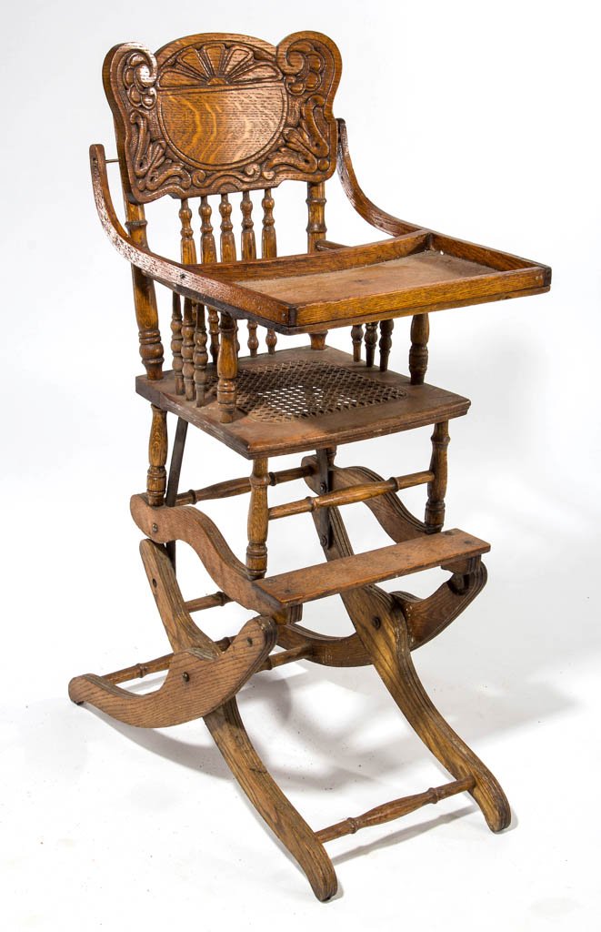 LATE VICTORIAN OAK CONVERTIBLE HIGH CHAIR / ROCKER