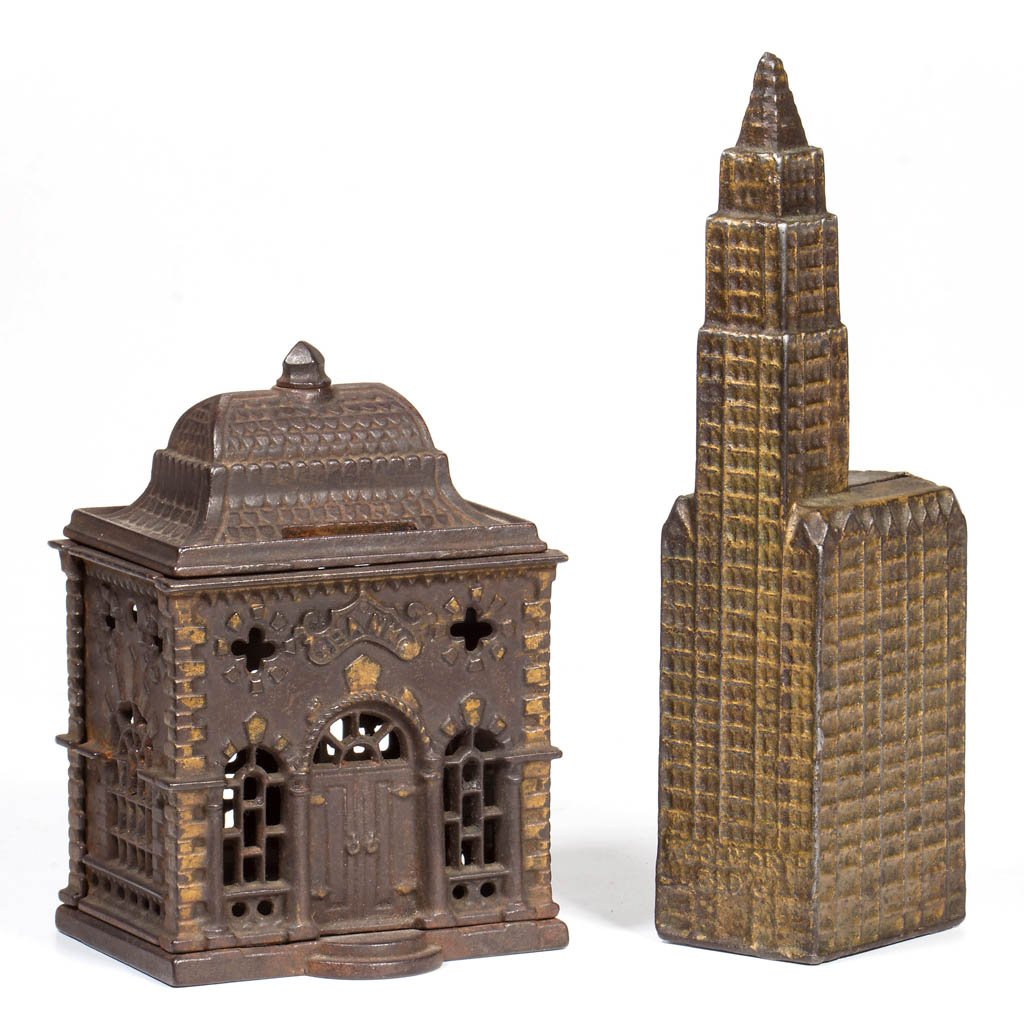 ASSORTED BUILDING CAST-IRON PENNY BANKS, LOT OF TWO: ASSORTED BUILDING CAST-IRON PENNY BANKS, LOT OF TWO, including a "Roof Bank", first patented in 1887, and a large size "Woolworth Bldg" bank. J & E Stevens & Co. and Kenton Hardware Co. Late 19th/earl