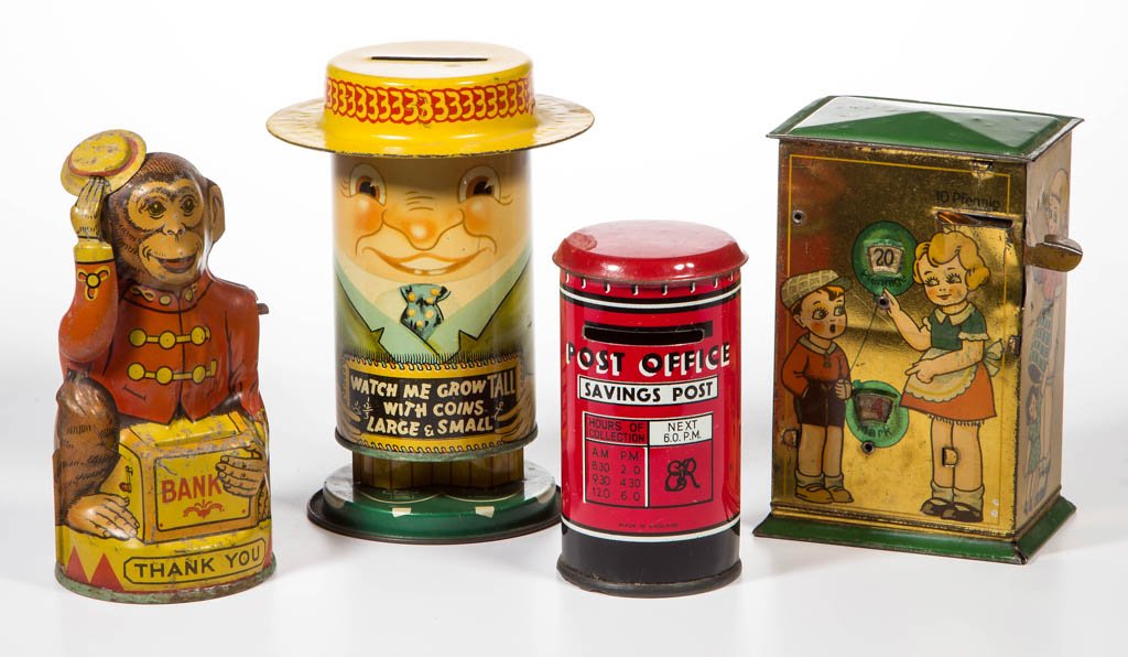 ASSORTED TIN MECHANICAL BANKS, LOT OF FOUR: ASSORTED TIN MECHANICAL BANKS, LOT OF FOUR, each with lithographed decoration, including an example by J. Chein. 20th century. 4" to 5 1/2" HOA. Provenance: Property of a West Virginia private collect