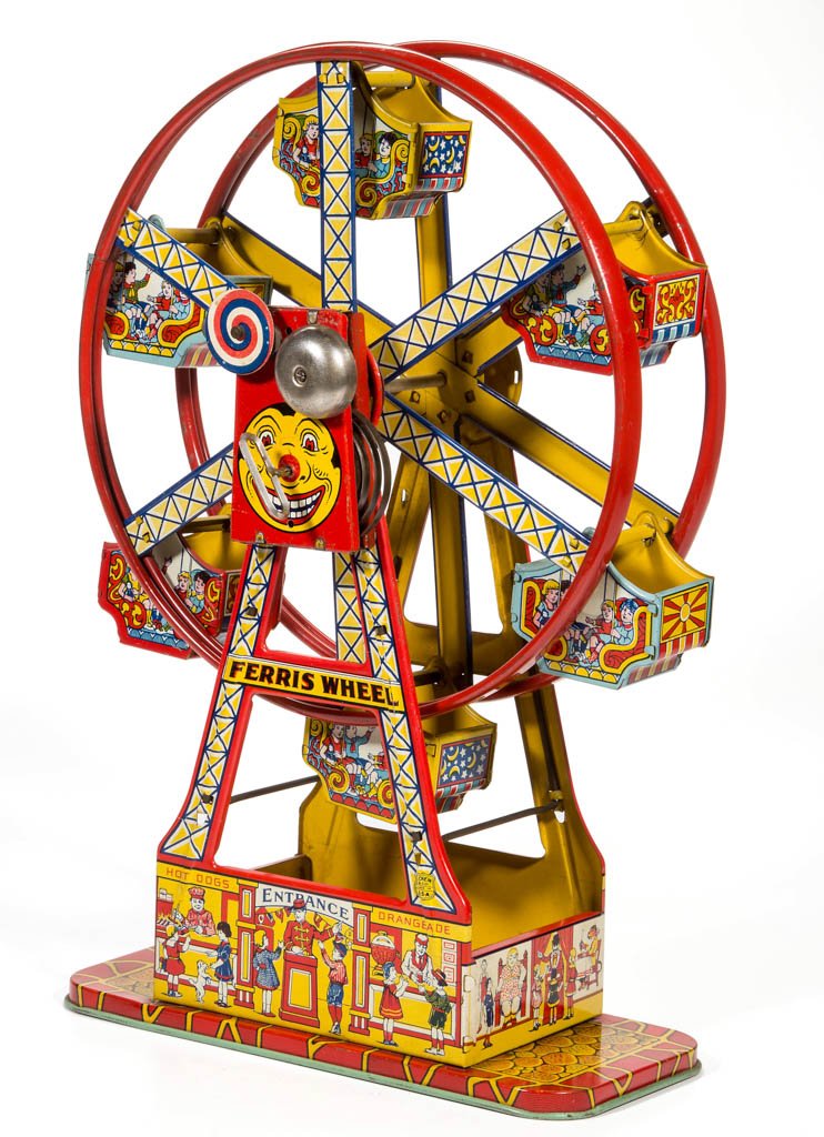 CHEIN "HERCULES" FERRIS WHEEL WIND-UP TIN TOY: CHEIN "HERCULES" FERRIS WHEEL WIND-UP TIN TOY, with six cars. Second quarter 20th century. 16 1/2" HOA. Provenance: Property of a Virginia private collector.