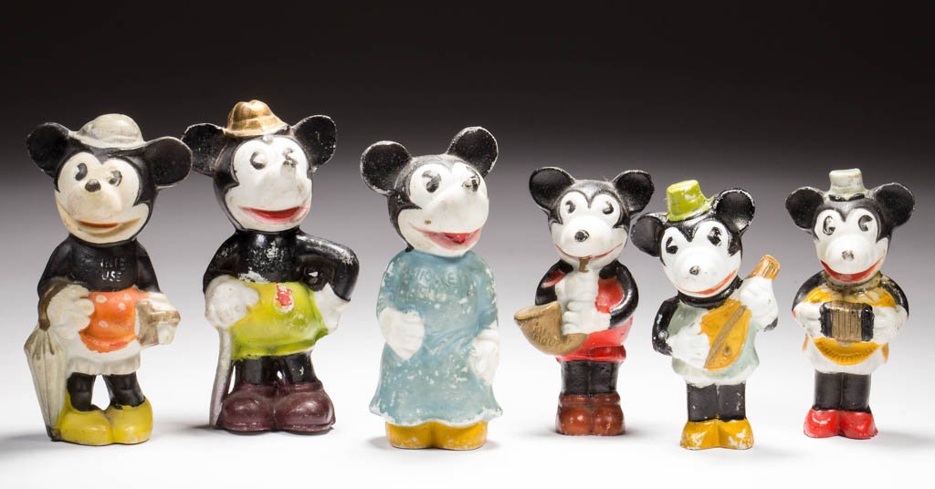 JAPANESE MICKEY AND MINNIE MOUSE BISQUE FIGURES, LOT OF: JAPANESE MICKEY AND MINNIE MOUSE BISQUE FIGURES, LOT OF SIX, including three musicians. Second quarter 20th century. 32 1/2" to 4 1/4" H. Provenance: Property of a West Virginia private collector.