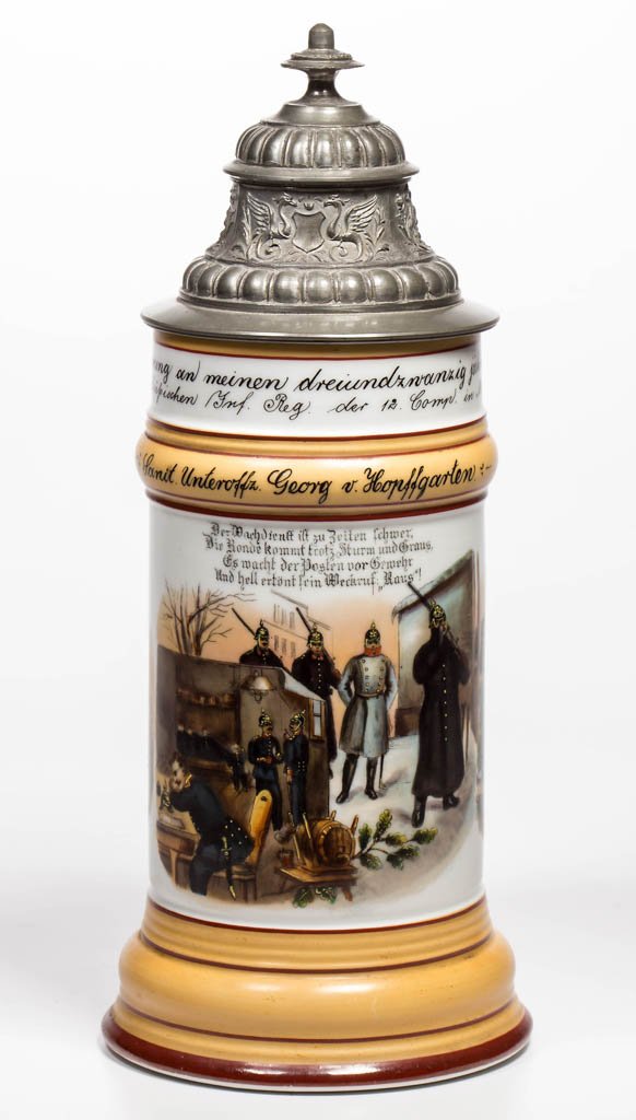 GERMAN PORCELAIN REGIMENTAL BEER STEIN: GERMAN PORCELAIN REGIMENTAL BEER STEIN, hand-painted polychrome decoration, .5L size, depicting scenes of bivouac, winter sentry duty, barracks life, and a soldier in dress uniform with a lady. Inscri