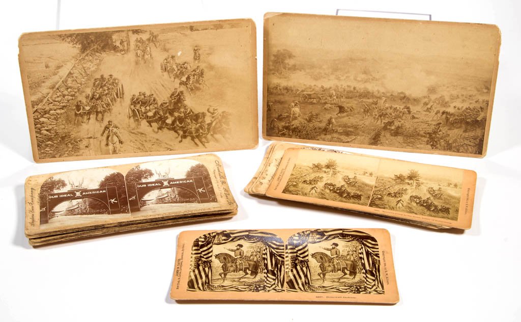 HISTORICAL STEREOVIEW CARDS AND PHOTOGRAPHS, LOT OF 14: HISTORICAL STEREOVIEW CARDS AND PHOTOGRAPHS, LOT OF 14, comprising two large cabinet cards of views from the Battle of Gettysburg Cyclorama, probably by Allen & Rowell, and 12 stereo views including S