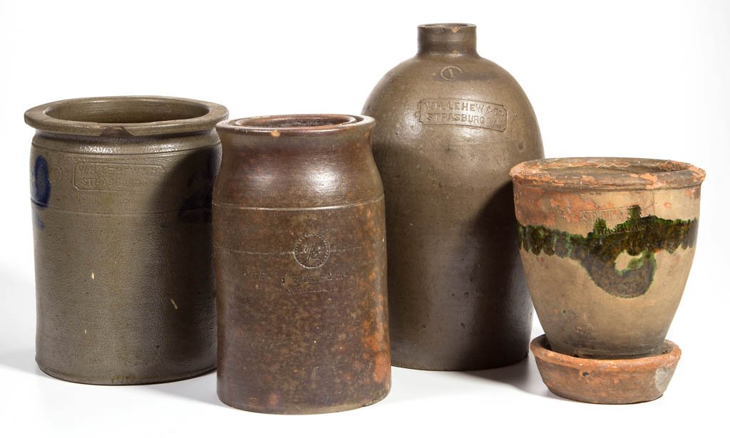 ASSORTED STAMPED STRASBURG, VIRGINIA STONEWARE/: ASSORTED STAMPED STRASBURG, VIRGINIA STONEWARE/ EARTHENWARE/ REDWARE ARTICLES, LOT OF FOUR, salt-glazed, lead-glazed, comprising an S. Bell and Son earthenware flower pot with brushed copper decoratio