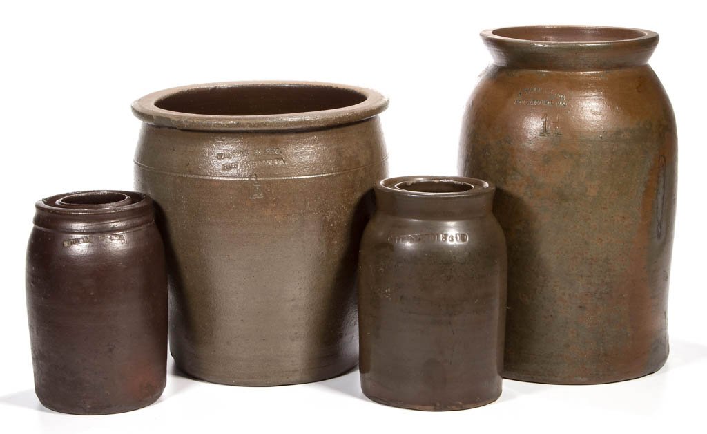 ASSORTED STAMPED PENNSYLVANIA STONEWARE ARTICLES, LOT: ASSORTED STAMPED PENNSYLVANIA STONEWARE ARTICLES, LOT OF FOUR, salt-glazed, including examples from J. Swan and Co., Johnstown, PA and Thomas and Bros. Huntingdon, PA. Second half 19th century. 6 5/8"
