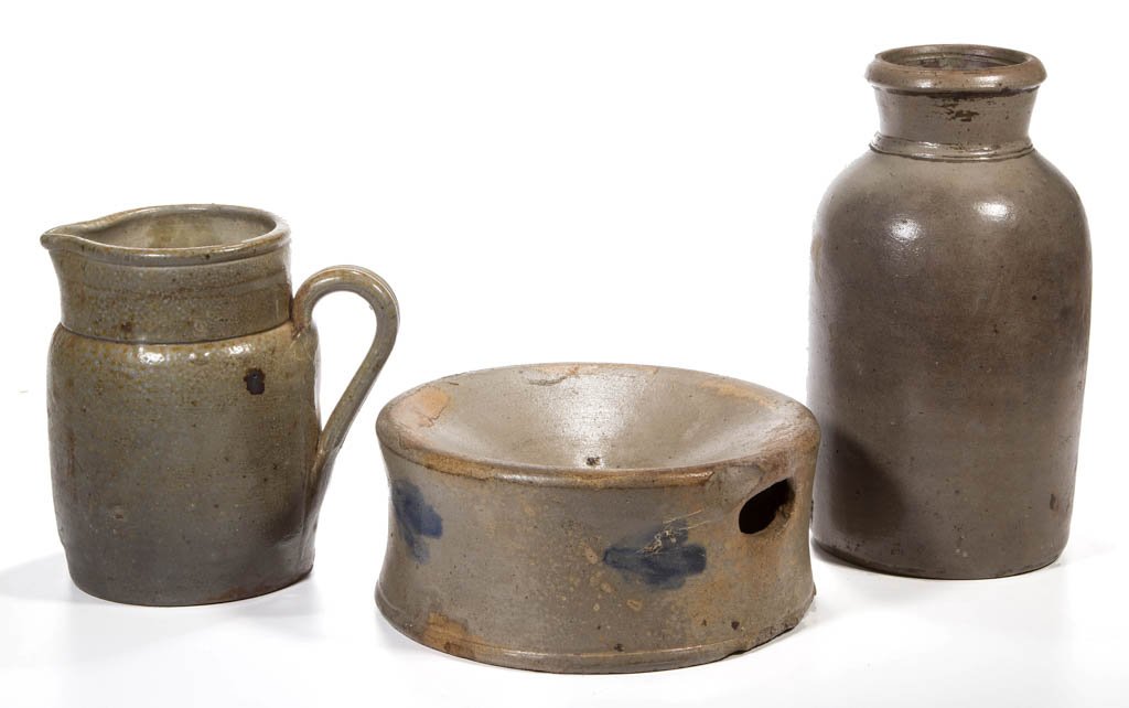 ASSORTED AMERICAN STONEWARE ARTICLES, LOT OF THREE: ASSORTED AMERICAN STONEWARE ARTICLES, LOT OF THREE, salt-glazed, comprising an undecorated cork top canning jar, a pitcher, and a Shenandoah Valley of Virginia brushed cobalt decorated spittoon. Secon