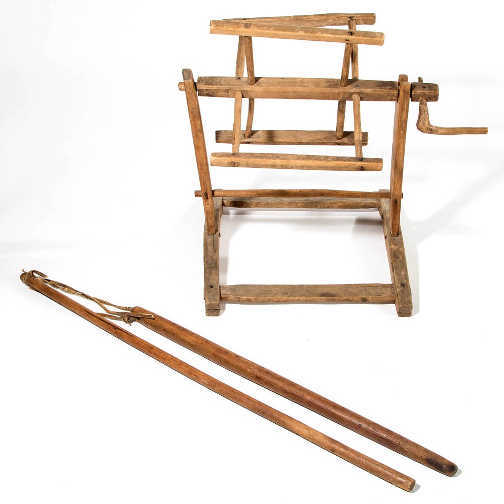 COUNTRY MIXED-WOOD YARN WINDER: COUNTRY MIXED-WOOD YARN WINDER, in dry natural surface with warm patina. Together with a white oak grain flail. Two pieces total. Both objects discovered in the Shenandoah Valley of Virginia. 19th cen