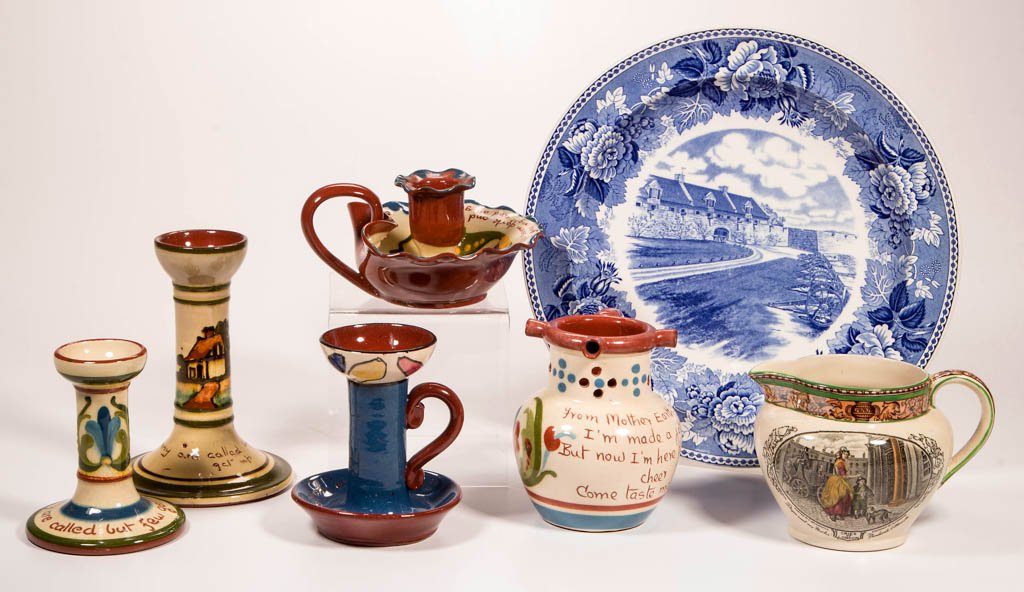 WATCOMBE TORQUAY ENGLAND AND OTHER CERAMIC ARTICLES,: WATCOMBE TORQUAY ENGLAND AND OTHER CERAMIC ARTICLES, LOT OF SEVEN, comprising five pieces of Watcombe including a puzzle jug, an Adams Cries of London creamer, and a Wedgwood Fort Ticonderoga plate. M
