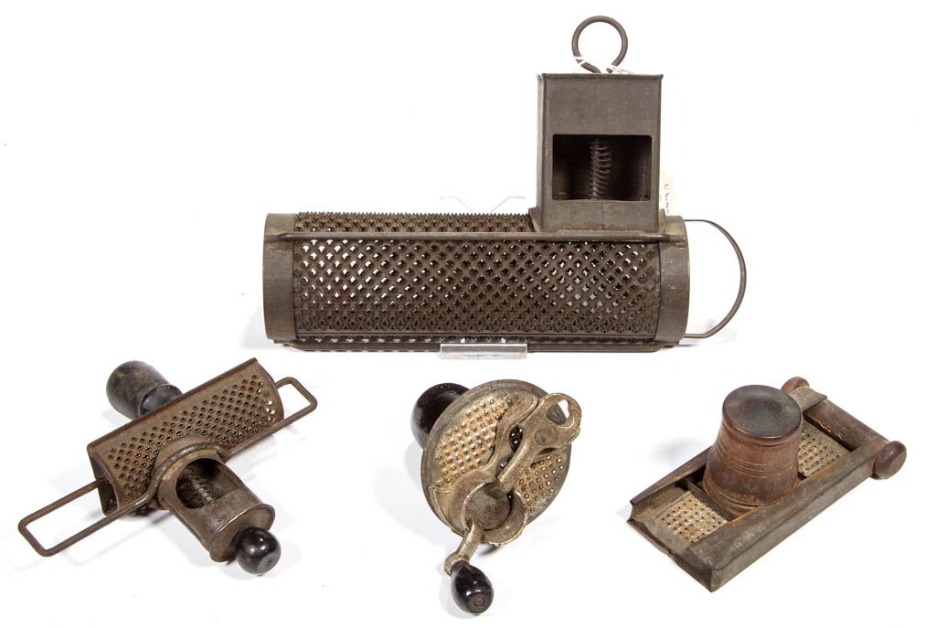 ASSORTED SHEET-IRON GRATERS, LOT OF FOUR: ASSORTED SHEET-IRON GRATERS, LOT OF FOUR, comprising three nutmeg examples, including two with a sliding mechanism, one impressed "THE EDGAR" and with 1896 patent information, and a cast-iron arm and