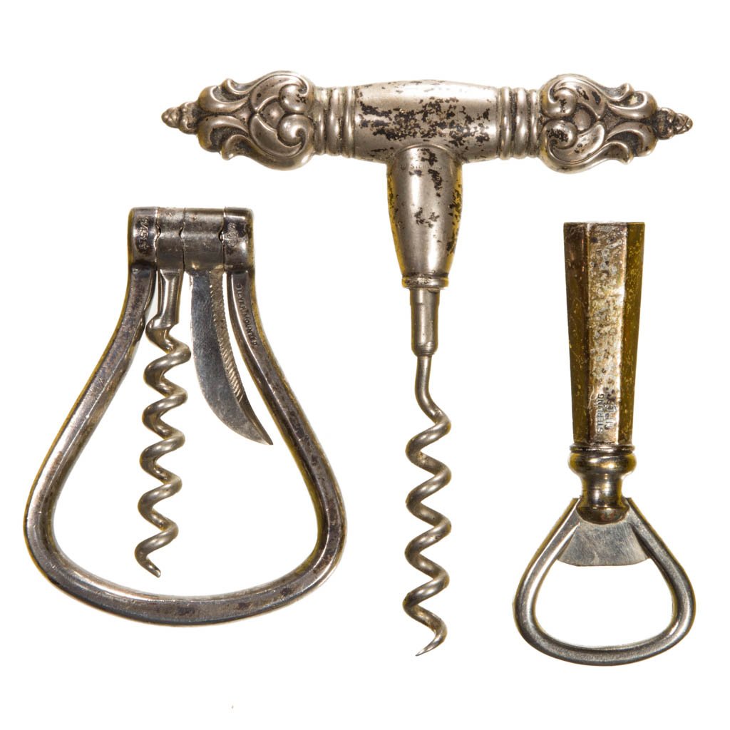 ASSORTED STERLING AND SILVER CORKSCREWS, LOT OF THREE: ASSORTED STERLING AND SILVER CORKSCREWS, LOT OF THREE, comprising two marked sterling silver examples, including one six-panel example with threaded bottle opener end and marked "HFCO" and a T-form ex