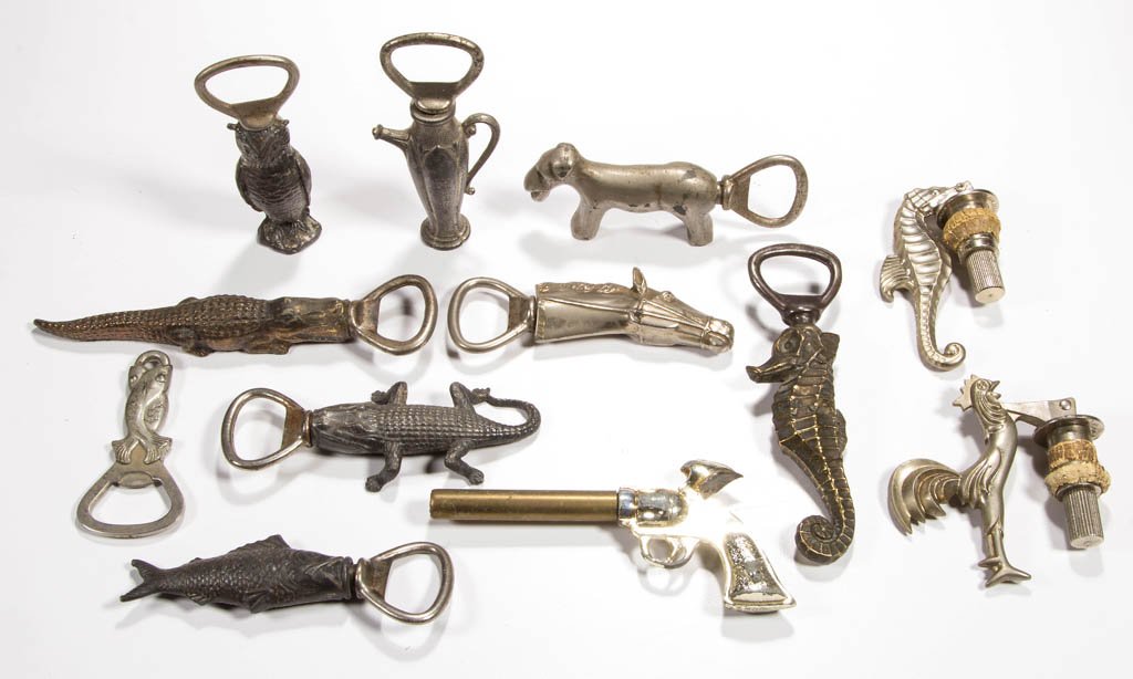 ASSORTED METAL FIGURAL CORKSCREWS AND BOTTLE OPENERS,: ASSORTED METAL FIGURAL CORKSCREWS AND BOTTLE OPENERS, LOT OF 12, comprising nine examples with additional bottle opener mechanism threading into the sheath, including an alligator, fish, horse, owl, a