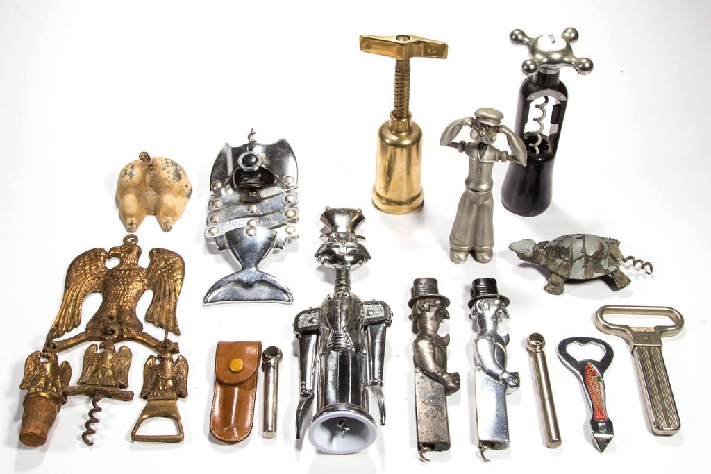 ASSORTED METAL FIGURAL AND MULT-FUNCTION CORKSCREWS AND: ASSORTED METAL FIGURAL AND MULT-FUNCTION CORKSCREWS AND RELATED ARTICLES, LOT OF 13, comprising eight figural including two Old Snifter, a Bugs Bunny, a Popeye, a Lazy Fish; a pig hock and turtle; a b