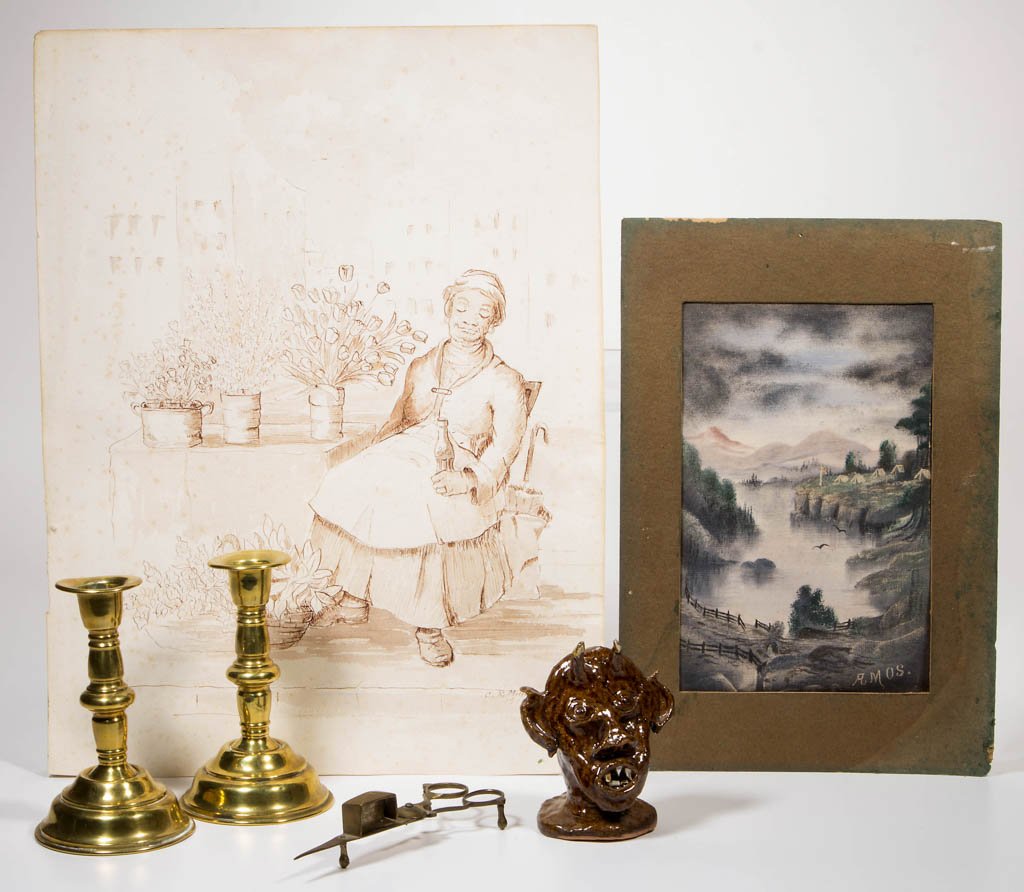ASSORTED FINE, FOLK AND DECORATIVE ART ARTICLES, LOT OF: ASSORTED FINE, FOLK AND DECORATIVE ART ARTICLES, LOT OF SIX, including a sepia drawing of an African-American flower seller signed "C. R. Miller / 1975" and a glazed earthenware Devil bust figure with