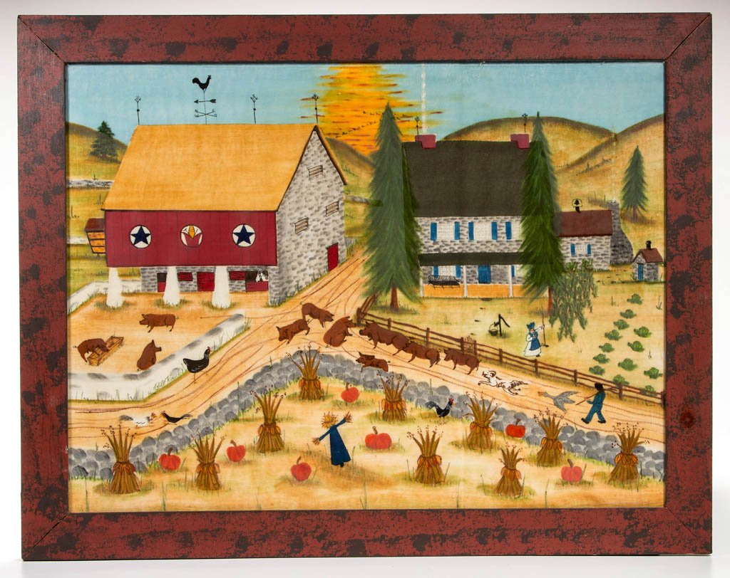WILLIAM (BILL) RANK (PENNSYLVANIA, 1921-2000) THEOREM: WILLIAM (BILL) RANK (PENNSYLVANIA, 1921-2000) THEOREM LANDSCAPE PAINTING, oil on velvet, fall depiction of a Pennsylvania Dutch homestead with stone house, stone-end barn, hogs and chickens, dog, scar