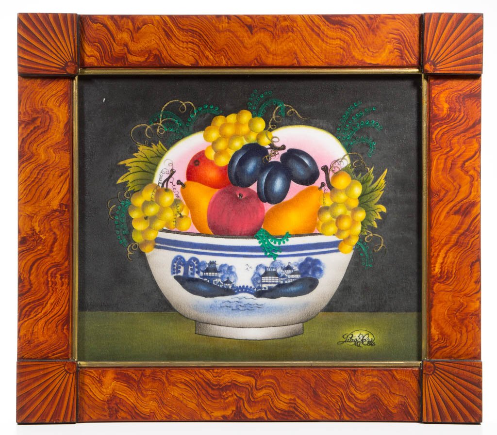 PETRA HAAS (PENNSYLVANIA, 20TH / 21ST CENTURY) THEOREM: PETRA HAAS (PENNSYLVANIA, 20TH / 21ST CENTURY) THEOREM STILL LIFE PAINTING, oil on velvet, "Mixed Fruit in Canton", signed Petra Haas / 1989" lower right, extensive inscription, seal, and Pennsylvania