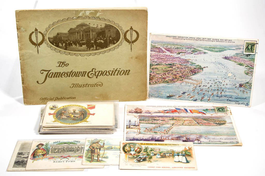 JAMESTOWN EXPOSITION 1907 POST CARDS, LOT OF 39: JAMESTOWN EXPOSITION 1907 POST CARDS, LOT OF 39, including advertising and two oversized, four with John Smith stamp and official Celebration or Exposition Station postmark. Together with a souvenir b