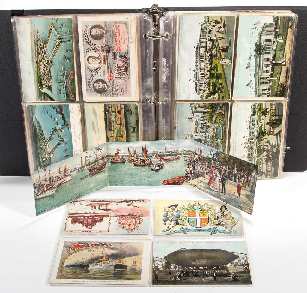 JAMESTOWN EXPOSITION 1907 POST CARDS: JAMESTOWN EXPOSITION 1907 POST CARDS, approximately 129, including a scarce "Dr. Beacher's Airship First Flight" example, a Tuck's Panoramic Post Card example, and 15 with John Smith stamp and officia