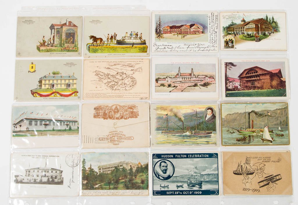 ASSORTED EXPOSITION / CELEBRATION POST CARDS, LOT OF 32: ASSORTED EXPOSITION / CELEBRATION POST CARDS, LOT OF 32, comprising 16 Lewis & Clark Centennial Exposition examples, including a folding card, 12 Hudson-Fulton Celebration examples, two Alaska-Yukon-P
